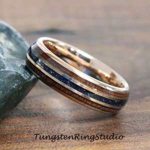 Blue Ring, Nebula Koa Wood Rose Gold Tungsten Wedding Ring Blue Sandstone 8mm tungsten carbide ring Mens Ring Mans Womens Anniversary Ring