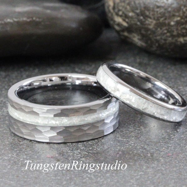 Diamond Dust Ring Silver Gray Tungsten Ring Set 8mm 6mm Ring Mens Ring Men & Women Bling Sparkling Band
