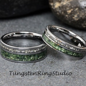 Silver Glass Ring Set Moss Agate Matching Wedding Couple His and Hers 8mm 6mm Rose Gold Tungsten Mens Ring Men & Women
