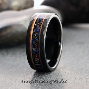 Meteorite Crushed Galaxy Opal Rose Gold Strip Black Hammer Tungsten Wedding Ring Gibeon Meteorite Mens Ring Band Meteorite Galaxy Opal