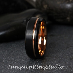 Black Beveled Mens Ring Rose Gold Accent Wedding Ring Brushed Tungsten Carbide Anniversary Band Rose Gold Strip Mens Ring 8mm Black Ring