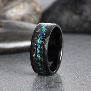 Mens Meteorite Ring, Hammer Blue Opal Wedding Ring, Mens Wedding Ring Gibeon Meteorite Band Peacock Blue Opal Ring Mens Ring Mans Ring image 2