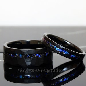 Hammer Meteorite Nebula Matching Ring Set His and Hers Ring Set Black 4mm 8mm Men Women Ring Outer Space Wedding Anniversary Ring Tungsten