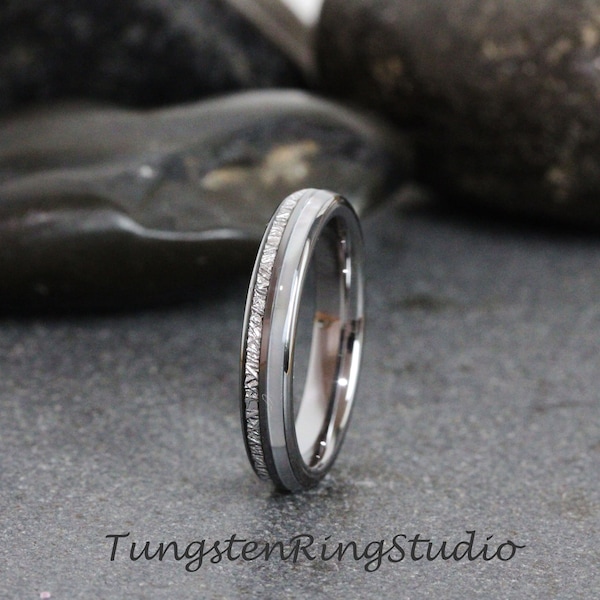 Mother of Pearl Meteorite Tungsten Wedding Ring, Anniversary Band