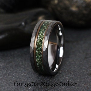 Moss Agate Rose Gold Accent Silver Hammer Ring 8mm Tungsten Carbide Wedding Ring Green  Men Wedding Band Mens Womens Anniversary