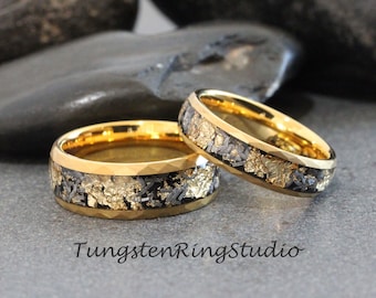 Hammer Gold Foil Ring Set Meteorite Gold Wedding Set Match His and Her Meteorite Ring 4mm 6mm 8mm Ring Leaf Mens Wedding Rings, Gold Accent