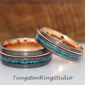 Match Turquoise Guitar String Ring Set, Rose Gold GunMetal Wedding His and Hers Ring