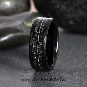 Hammered Meteorite Guitar String Ring Black Tungsten Wedding Ring Tungsten Anniversary Ring Mans Mens Ring Hammer Wedding Ring Meteorite
