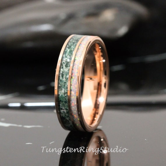 6mm Opal Moss Agate Fire White Opal Wedding Ring 8mm 6mm Rose Gold Tungsten Wedding Ring Men Band Mens Ring Men Women Ring Etsy Canada