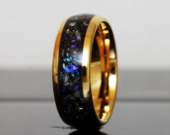 Meteorite Nebula Ring 6mm 8mm Yellow Gold Band Men Women Ring Outer Space Ring Wedding Ring Anniversary Ring Doom Comfort Fit Tungsten Ring