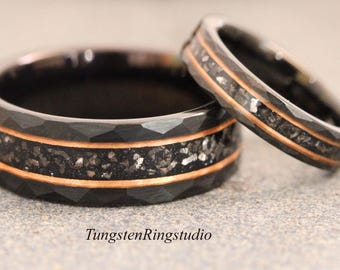 Hammered Meteorite Ring Set, Rose Gold Strips Black Tungsten Wedding Rings 8 mm 4 mm