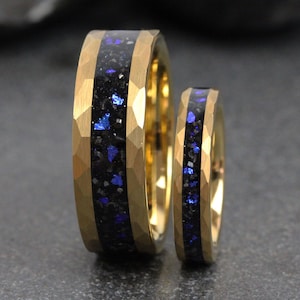 Matching Meteorite Nebula wedding Ring set, Yellow Gold Band Tungsten Ring, men ring, women ring, wedding ring