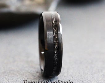 Black Meteorite Ring Bevel Tungsten Carbide Wedding Band, Gibeon Meteorite, Anniversary men women rings