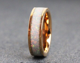 ホワイトオパールクラッシュローズゴールドタングステンリング 4mm 6mm 8mm、男性用、女性用結婚指輪