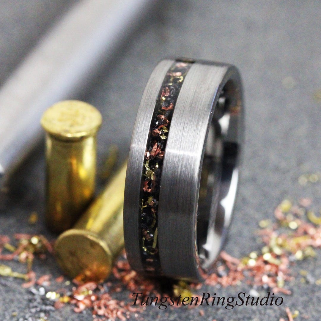 Reclaimed Bullet Shell Offset Tungsten Ring, Copper, Steel Gun Barrel ...