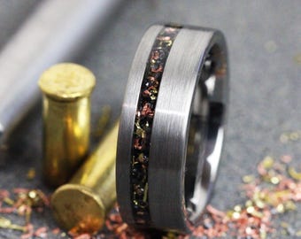 Reclaimed Bullet Shell offset Tungsten Ring, Copper, Steel Gun Barrel, Wedding Anniversary Band