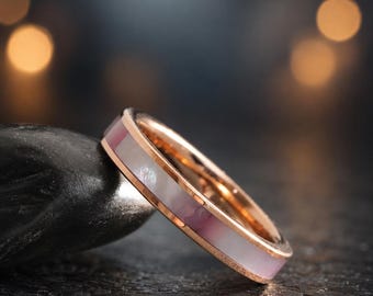 Pink Mother of Pearl Ring, Rose Gold Tungsten Wedding Band, Minimalist Stackable Ring