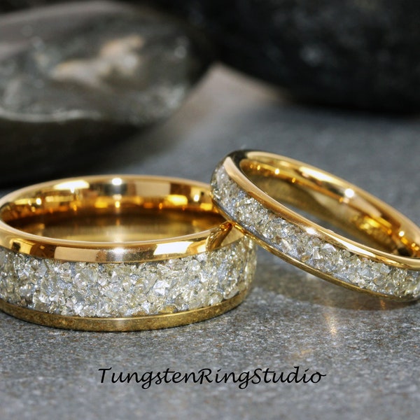 Glass Wedding Ring Set, German Silver Glass Wedding Ring, Yellow Gold His and Hers Ring, Matching Set, Tungsten Ring Womens Ring 4mm 6mm 8mm