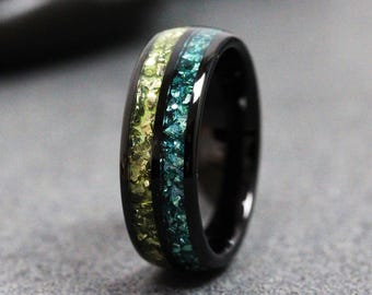 Double Inlay Blue Topaz - Peridot - Tungsten Carbide Glass Band