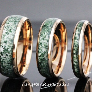 Moss Agate Ring 8mm 6mm 4mm Rose Gold Polish Tungsten Wedding Ring Moss Agate Gold Silver Black Ring Mens Ring Men & Women