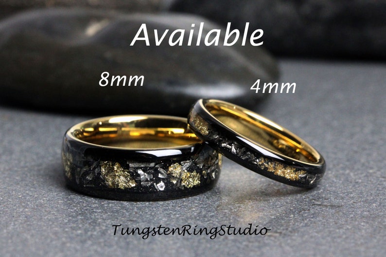4mm Gold Leaf Meteorite Ring, Black Meteorite Ring, Ring Rose Foil Leaf Ring, Womens Wedding Rings, Gold Accent, Polished Black Dome Gold image 3