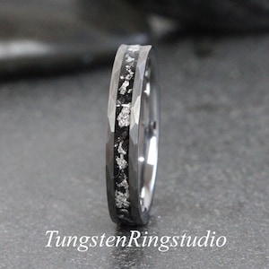 Hammered Silver Leaf Meteorite Ring, Wedding Silver Foil Meteorite Ring 4mm 6mm 8mm Ring Meteorite Foil Leaf Ring Mens Wedding Rings Accent