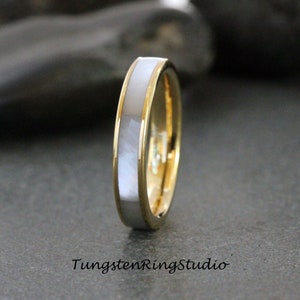 Mother of Pearl Yellow Gold Tungsten Wedding Ring Band 4mm 6mm 8mm Gold Minimalist Stackable Wedding Ring Anniversary Ring Gift For Her