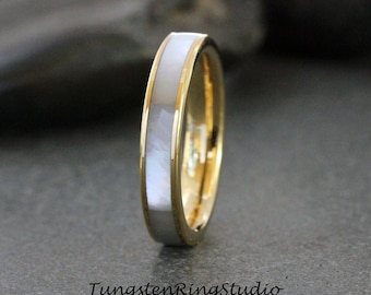 Anello di nozze in madreperla, oro giallo e tungsteno, 4 mm, 6 mm, 8 mm, anello di nozze minimalista impilabile, anello di anniversario, regalo per lei