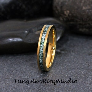 Dainty 4mm Hammer Moss Agate Gold Ring 6mm 8mm Tungsten Wedding Ring  Men Wedding Band Moss Agate Ring Mens Ring Men & Women