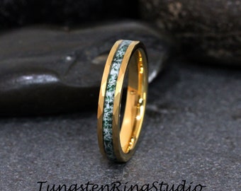 Dainty 4mm Hammer Moss Agate Gold Ring 6mm 8mm Tungsten Wedding Ring  Men Wedding Band Moss Agate Ring Mens Ring Men & Women