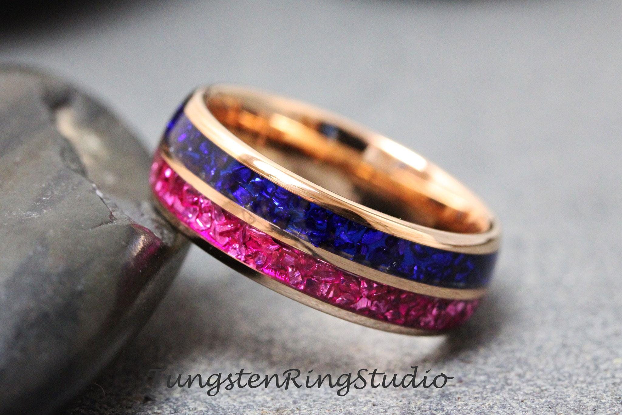 Ruby Inlaid Wring Wedding Ring - Ruby & Blue Sapphire Double Inlay - Tungsten Carbide ...