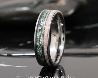 Moss Agate and White Fire Opal Wedding Ring 8mm Silver Tungsten Wedding Ring  Men Band Mens Ring Men & Women Ring