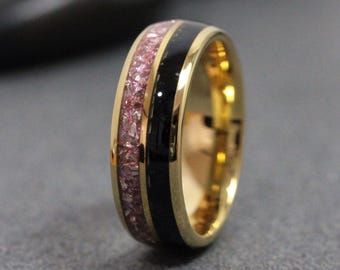 Morganite Wedding Ring - Morganite and Black Diamond Double Inlay - Tungsten Carbide Glass Band