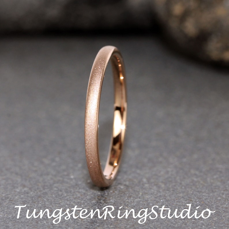 Dainty Rose Gold Sandblasted Tungsten Wedding 2mm 3mm Ring Band Rose Gold Ring Minimalist Ring Anniversary Ring Stackable ring Women Ring image 1