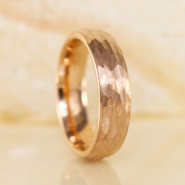 Hammer Roségold Wolfram Ehering Roségold 6 mm Ringe Bänder Damenring Wolframkarbid Hammerring Jubiläumsring Herrenring