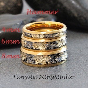 Hammer Gold Leaf Meteorite Ring, Wedding Gold Foil Meteorite Ring 4mm 6mm 8mm Ring Meteorite Foil Leaf Ring Mens Wedding Rings Gold Accent