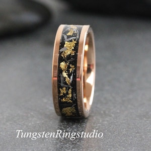 Gold Leaf Meteorite Flat Rose Gold Tungsten Ring, Wedding Gold Foil Meteorite Ring 6mm 8mm Ring Men women Wedding Rings Gold Accent