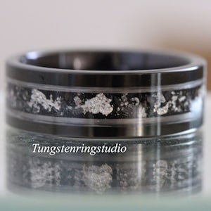 Meteorite White Gold Strip Black Tungsten Silver Leaf Wedding Ring Gibeon Meteorite Bands Anniversary Mans women Ring Interstellar Ring