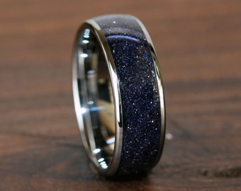 Nebula Blauer Sandstein Ring Silber Wolfram Ring poliert Silber Schwarz Ring Weltraum Herrenring Männer & Frauen