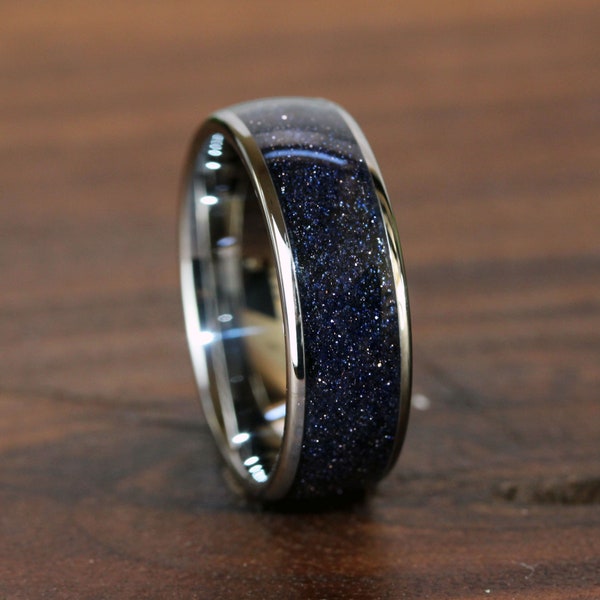 Nebula Blue Sandstone Ring Silver Polished Tungsten Wedding Ring  Gold Silver Black Ring Outer Space Mens Ring Men & Women