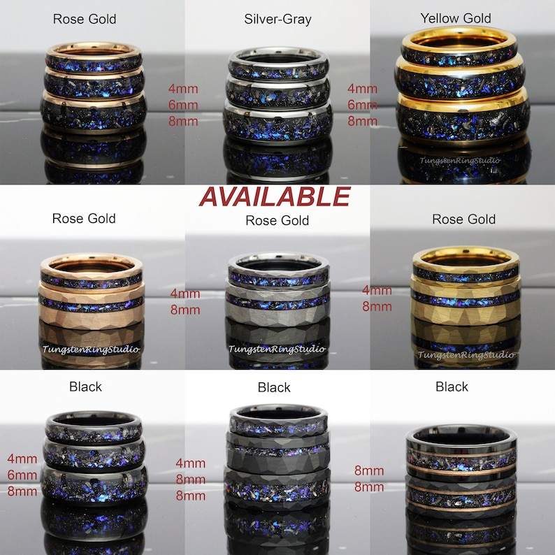 May include: A set of three tungsten carbide rings in various colours, including rose gold, silver-grey, yellow gold, and black. Each ring has a blue and black inlay and is available in 4mm, 6mm, and 8mm widths. The rings are displayed on a white background.