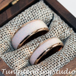 His and Hers Match Set Crushed Fire Snow White Opal Rose Gold Tungsten Wedding Ring 4mm 6mm 8 mm Band Opal Wedding Ring White Opal Ring