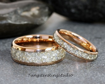 Rose Gold Glass Ring Set, German Silver Glass Wedding Ring, His and Hers Ring, Matching Set, Tungsten Ring Womens Ring 4mm 6mm 8mm