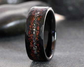 Hammered Dinosaur Bone Meteorite Black Tungsten Wedding Rings Red Tyrannosaurus Rex T-Rex Bone Fossil Bands Anniversary Mans Mens Ring