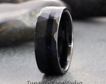 Black Tourmaline Mens Hammer Wedding Ring with Black Hammer Brushed Tungsten Band Mens Ring, 8mm Tungsten Wedding Band Brushed Ring