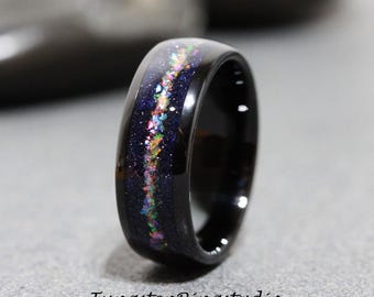 Galaxy Nebula Black Wedding Ring, Blue Sandstone Nebula Inlay
