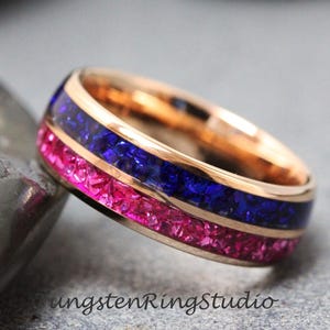 Ruby & Blue Sapphire Double Inlay - Tungsten Carbide Glass Band