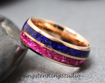 Ruby & Blue Sapphire Double Inlay - Tungsten Carbide Glass Band
