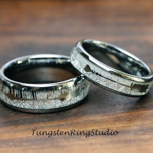 Match His and Hers Meteorite Arrow Deer Antler Tungsten Wedding Ring Wedding Set Silver Gray Wedding Ring Set Anniversary Tungsten Wedding