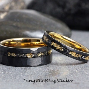Hammer Gold Leaf Ring Set Meteorite Ring His and Her Match Black Meteorite 4mm 8mm Ring Foil Leaf Ring Mens Wedding Rings, Gold Accent